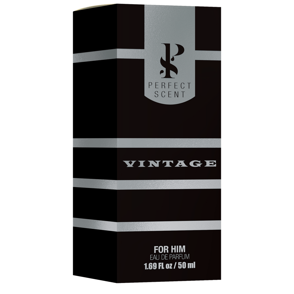 Side 45 degree angle view of Perfect Scent Vintage 50ml men cologne bottle