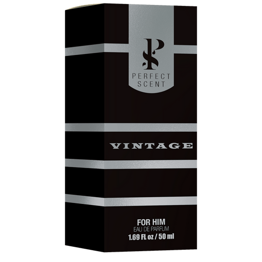 Side 45 degree angle view of Perfect Scent Vintage 50ml men cologne bottle