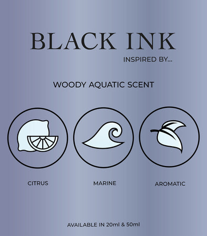 Close-up view of Perfume Box Black Ink 50ml Eau De Parfum glass bottle