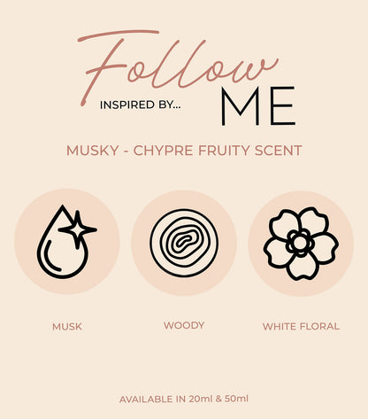 Infographic displaying Perfume Box Follow Me notes of bright fruits and soft woods
