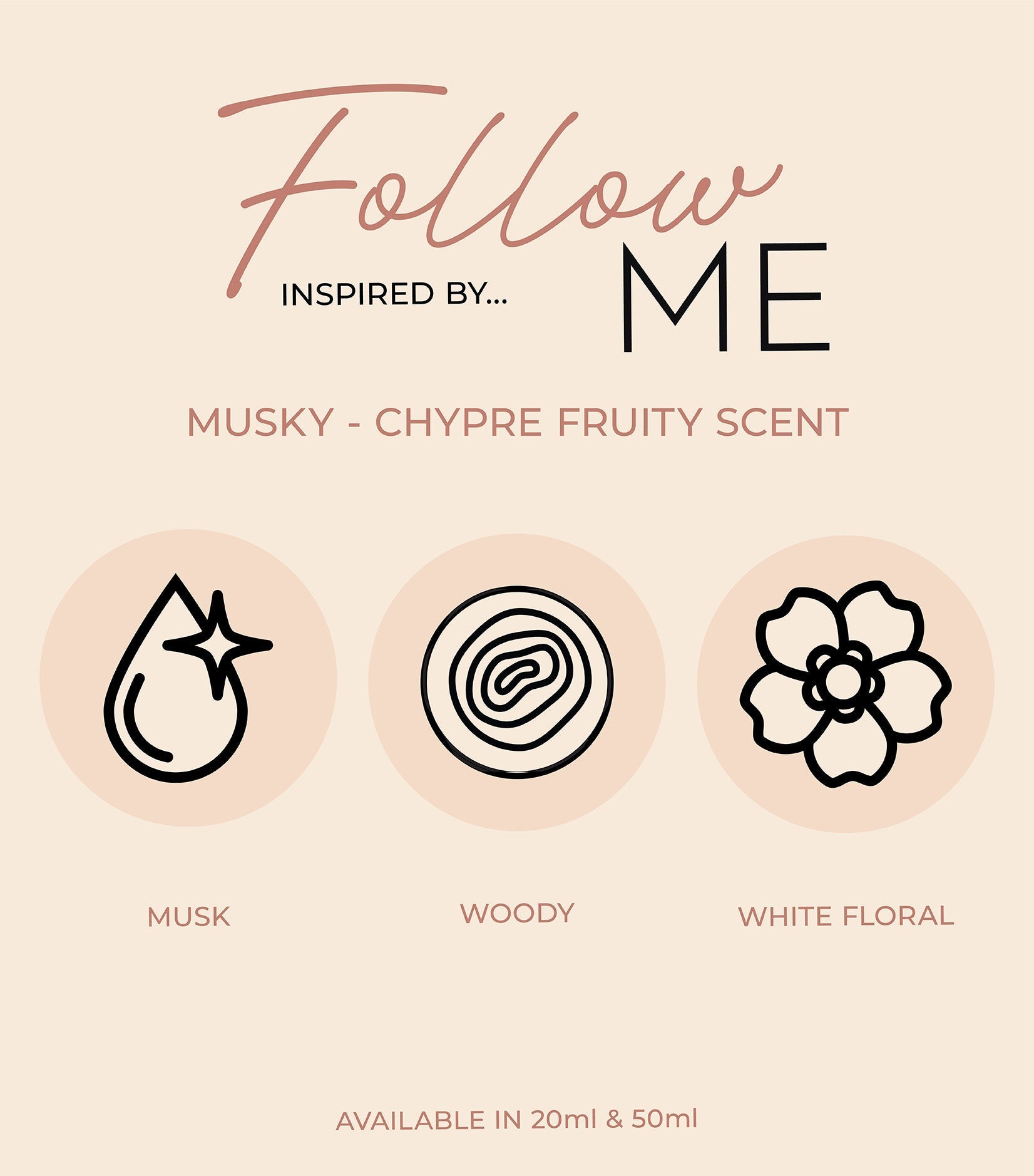 Infographic displaying Perfume Box Follow Me notes of bright fruits and soft woods