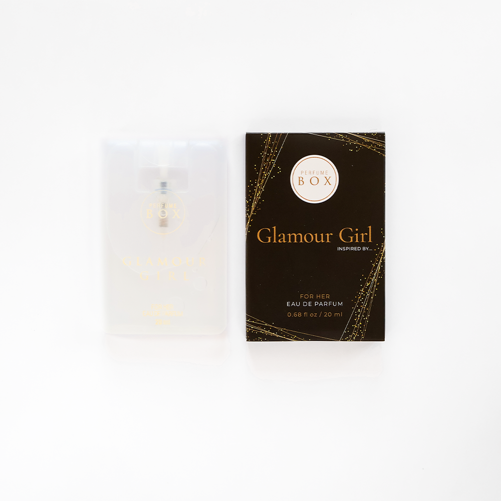 Infographic displaying Perfume Box Glamour Girl notes of almond jasmine sambac and cocoa