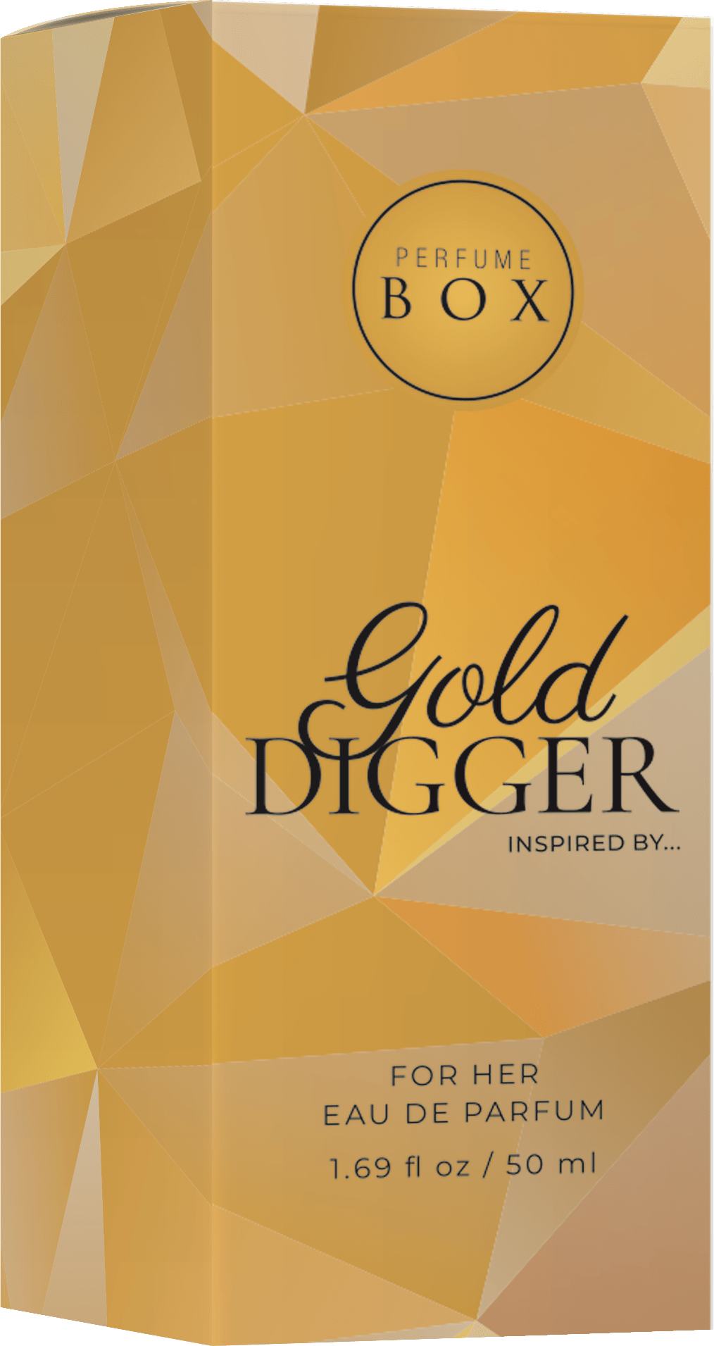 Close-up view of Perfume Box Gold Digger 50ml Eau De Parfum glass bottle