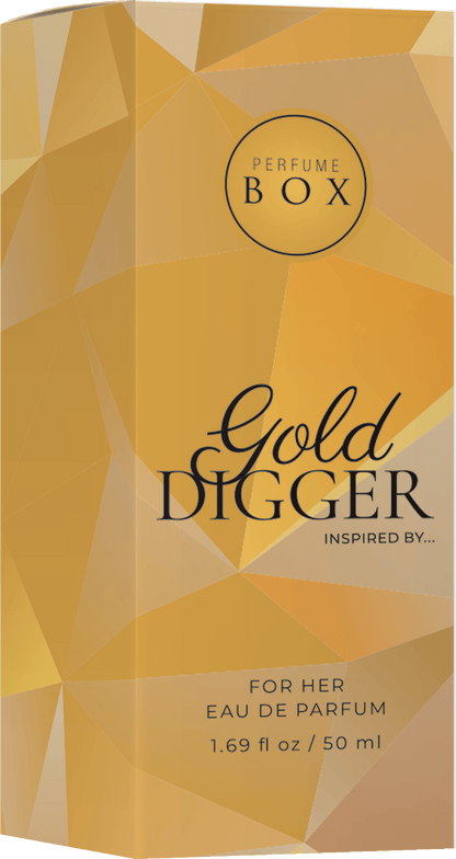 Close-up view of Perfume Box Gold Digger 50ml Eau De Parfum glass bottle