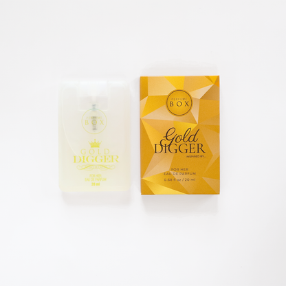 Infographic displaying Perfume Box Gold Digger notes of raspberry jasmine and honey
