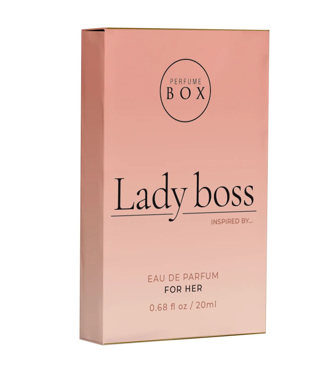 Close up of the outer master box graphics for the Perfume Box Lady Boss for her 10 pack wholesale bundle