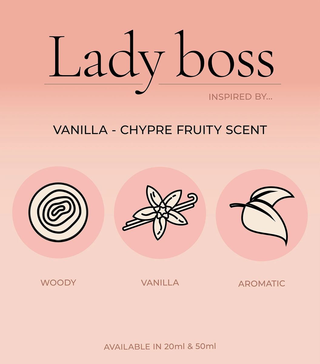 Infographic displaying Perfume Box Lady Boss notes of blackcurrant rose and vanilla