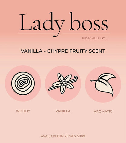 Infographic displaying Perfume Box Lady Boss notes of blackcurrant rose and vanilla