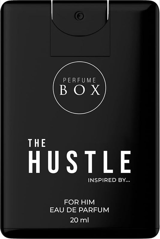Perfume Box The Hustle For Him 20ml pocket cologne bottle and packaging