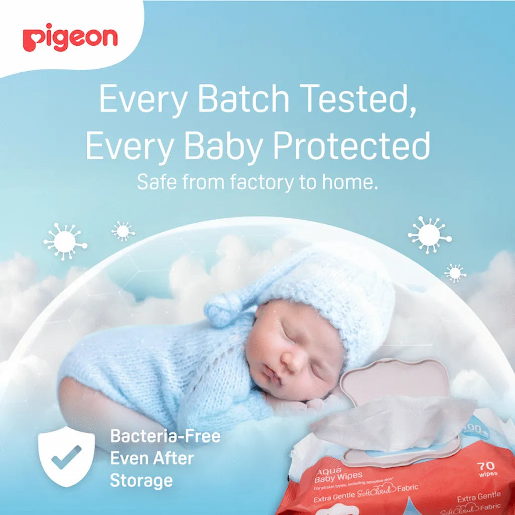Pigeon Aqua wipes packaging showing 99% pure water and paraben-free labels