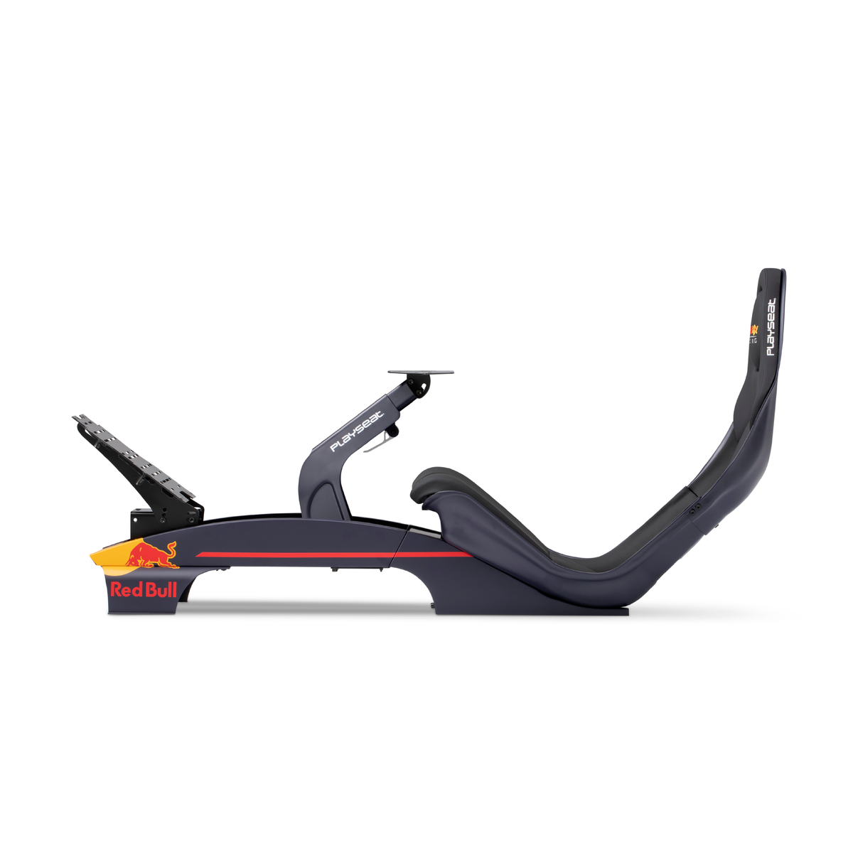 Detailed close-up view of black vinyl seat and official Red Bull Racing logos