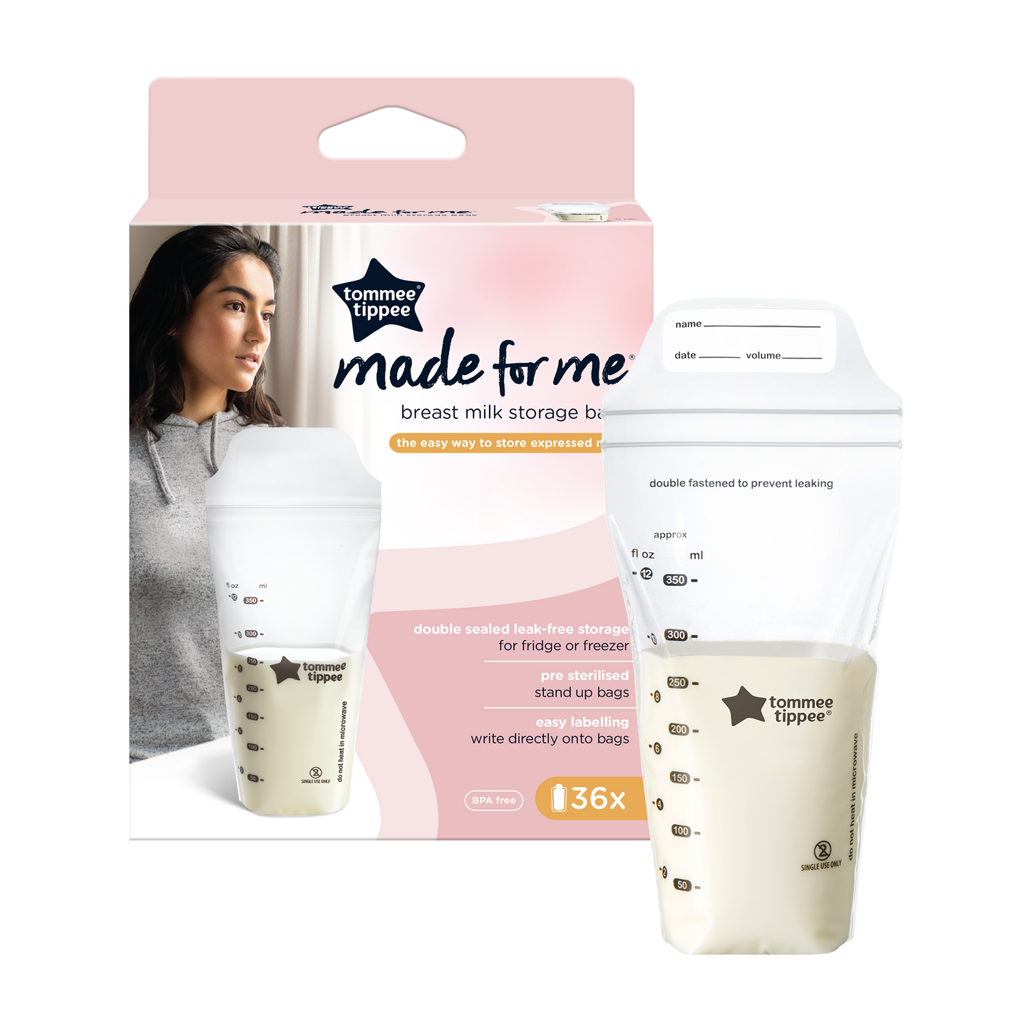 Pouring milk into a self-standing Tommee Tippee milk storage bag