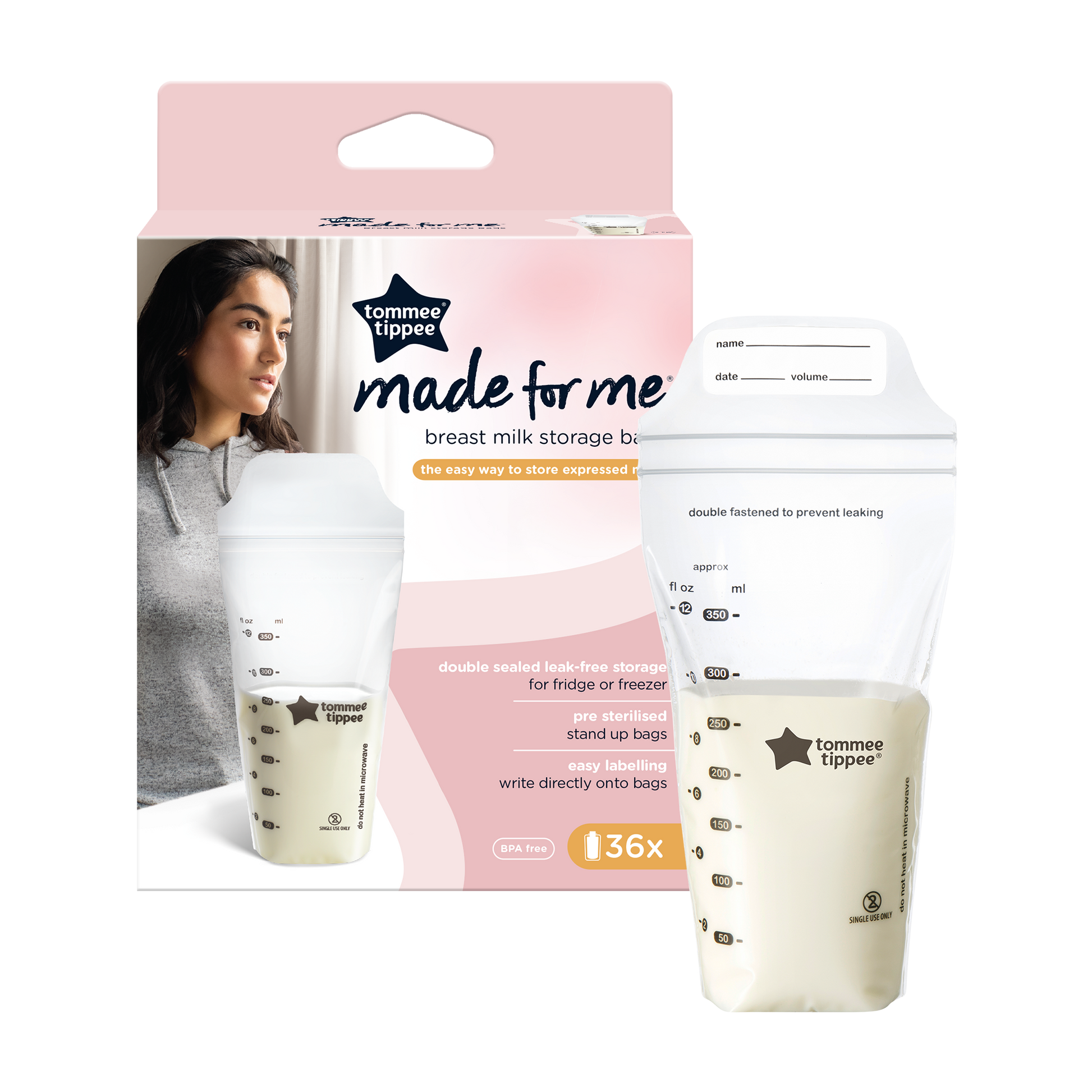 Pouring milk into a self-standing Tommee Tippee milk storage bag