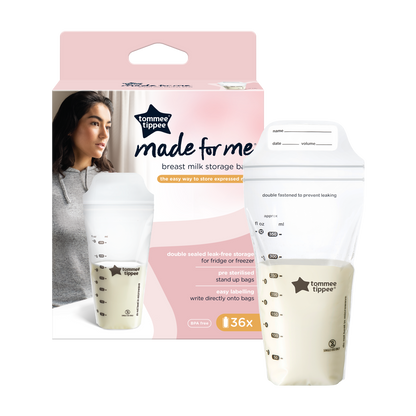 Pouring milk into a self-standing Tommee Tippee milk storage bag