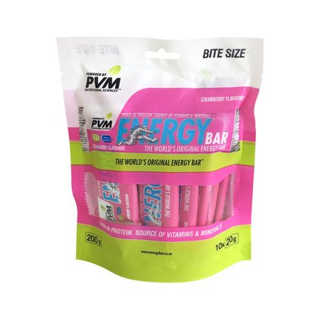 PVM Bite Size Strawberry Energy Bars 10x20g multipack retail bag front view