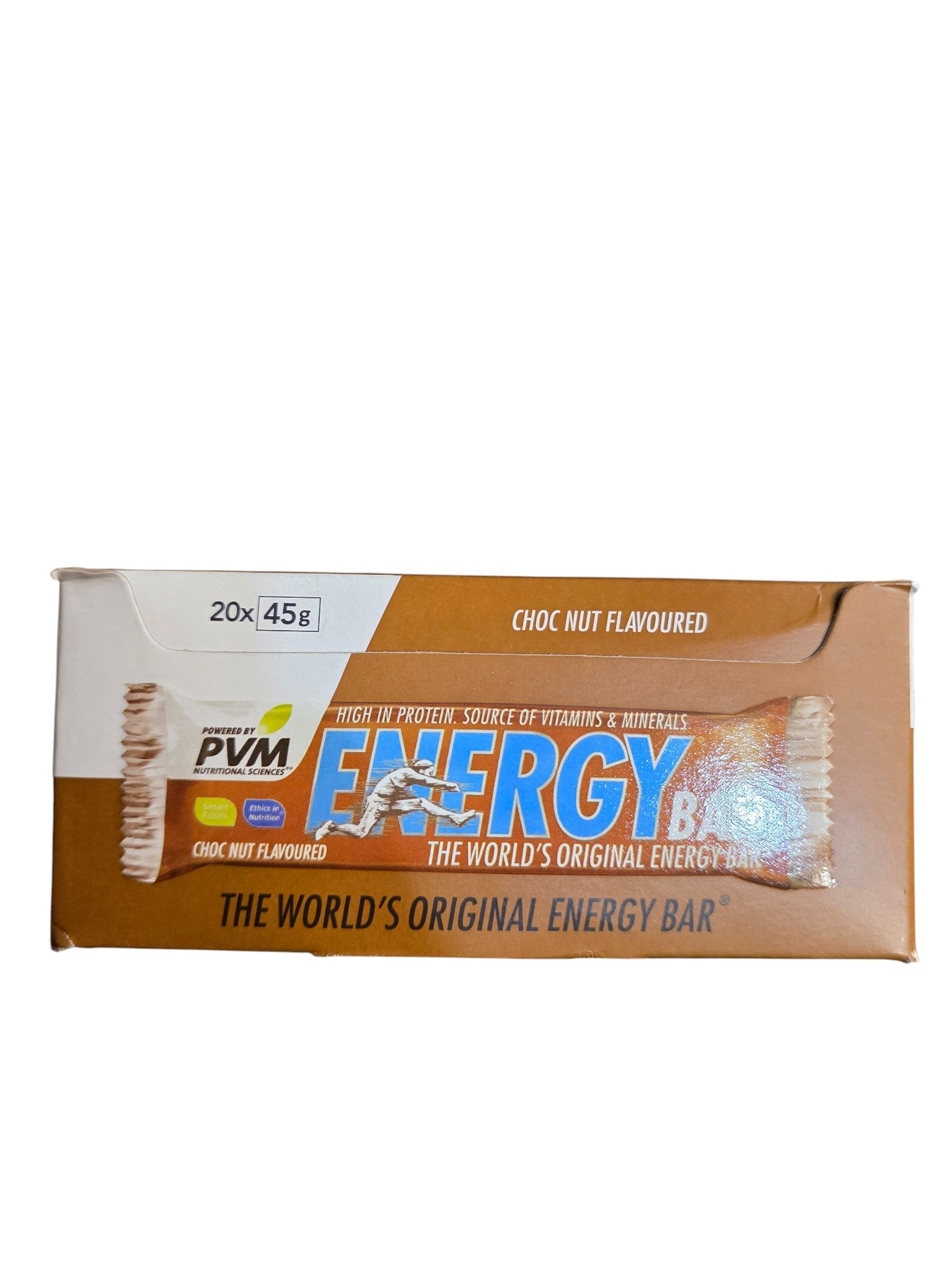 Angled perspective view of PVM Choco-Nut Energy Bars 20 unit bulk retail display box