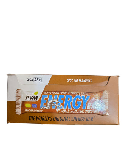 Detailed nutritional information table and ingredients for PVM Choco-Nut energy bars