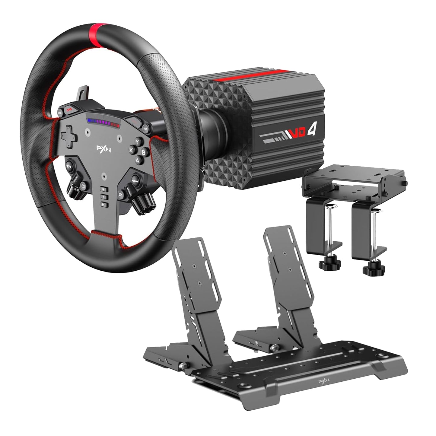 PXN VD4 Direct Drive Sim Racing Wheel showing the wheel base steering rim and dual pedals on white background