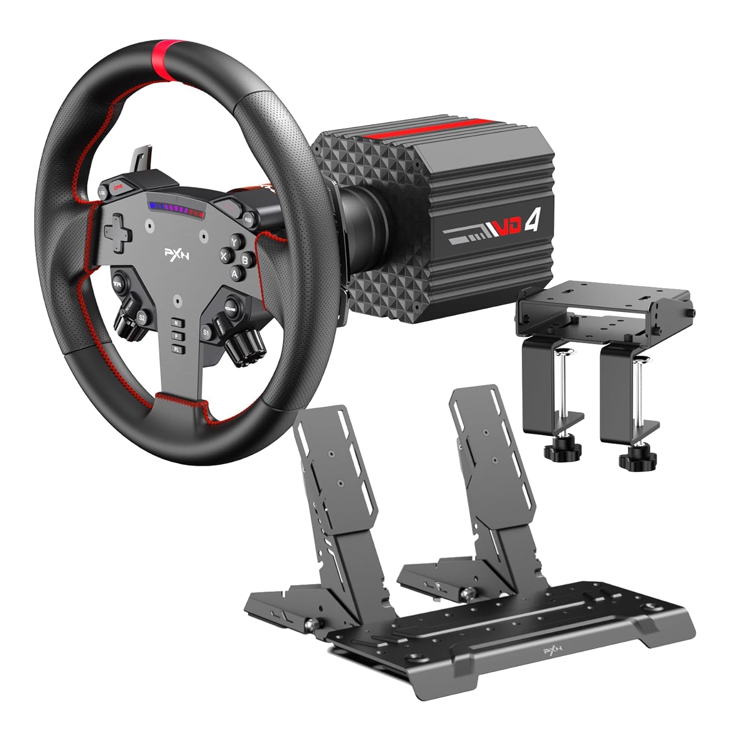 PXN VD4 Direct Drive Sim Racing Wheel showing the wheel base steering rim and dual pedals on white background