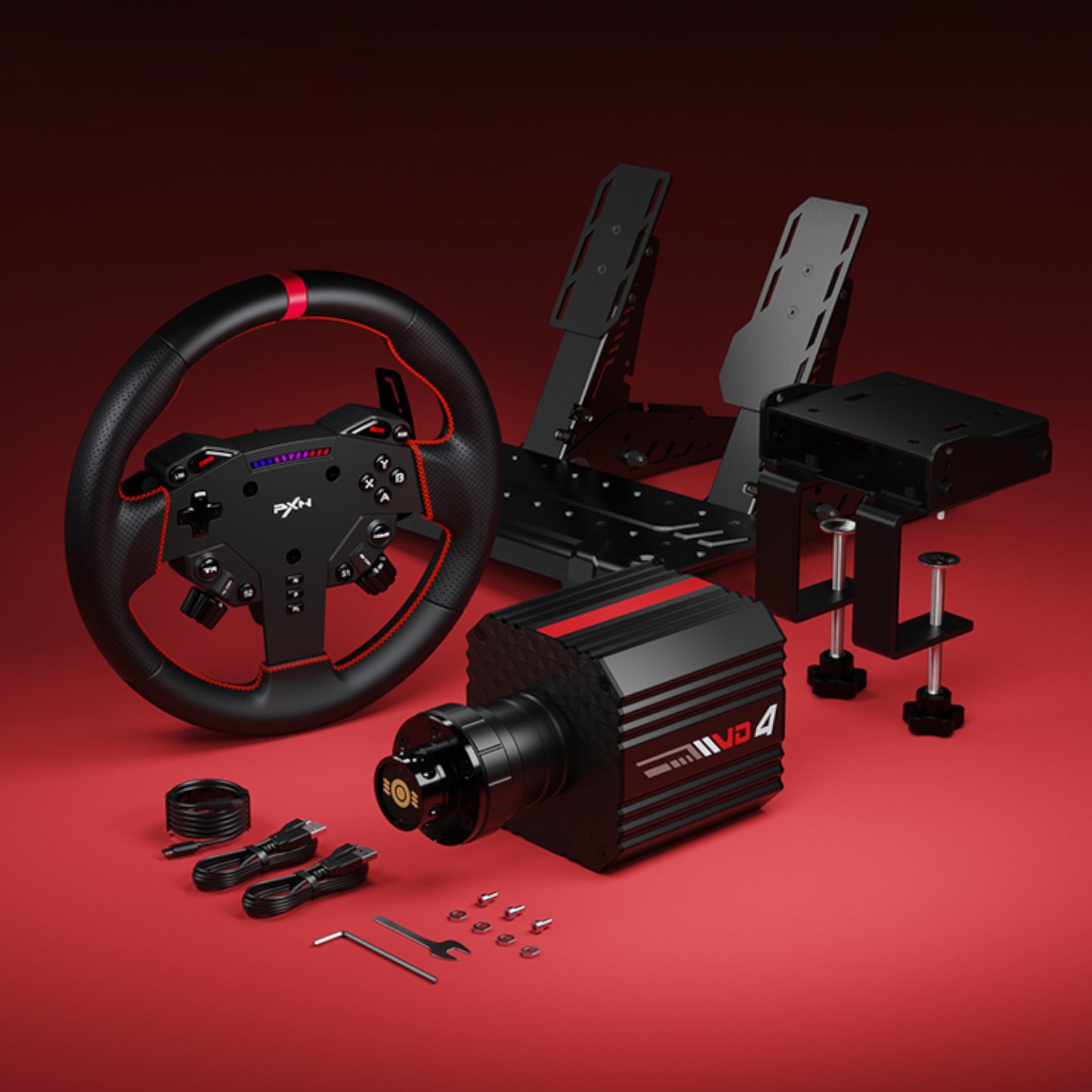 Top down perspective of the 28cm PXN steering wheel rim highlighting individual integrated gaming buttons