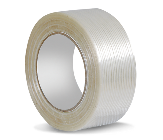 Bulk case of industrial strength reinforced fiberglass filament strapping tape rolls on clean background