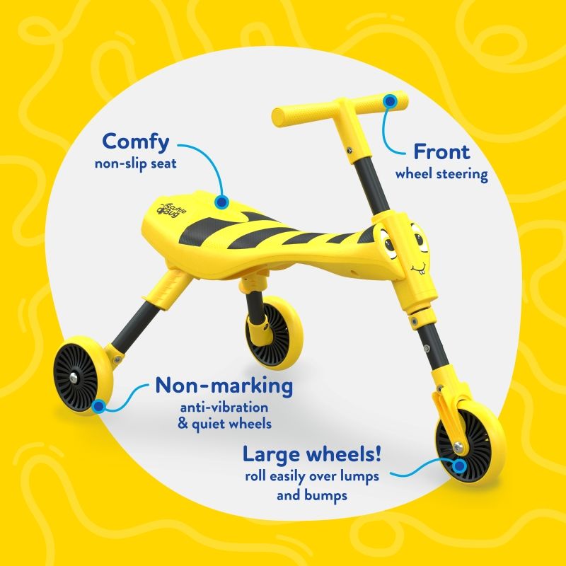 Yellow Scuttlebug tricycle shown in its 3-click folded position for storage
