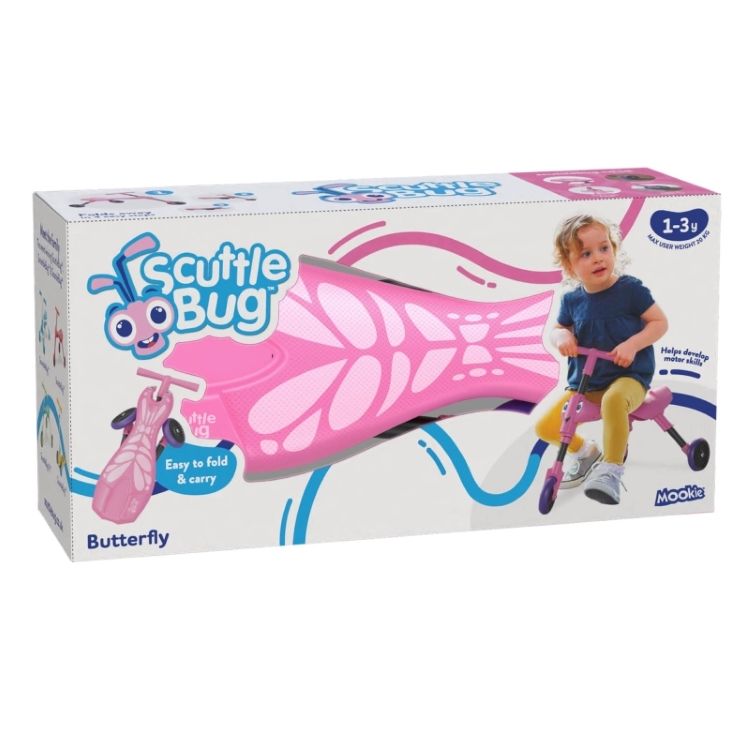 Side 45 degree angle view of pink and teal Scuttlebug butterfly tricycle