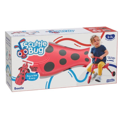 Side 45 degree angle view of red and black Scuttlebug beetle tricycle