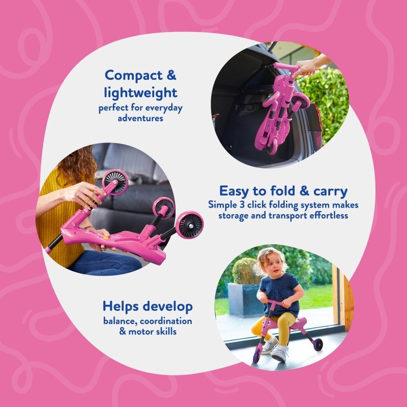 Scuttlebug foldable tricycle in its compact 3-click storage position