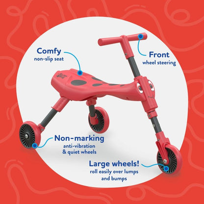 Close-up of stable, non-scratch caster wheels on the Scuttlebug trike
