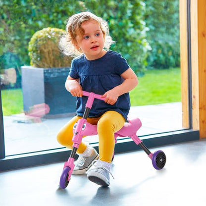 Close-up of stable, non-scratch caster wheels on the Scuttlebug trike