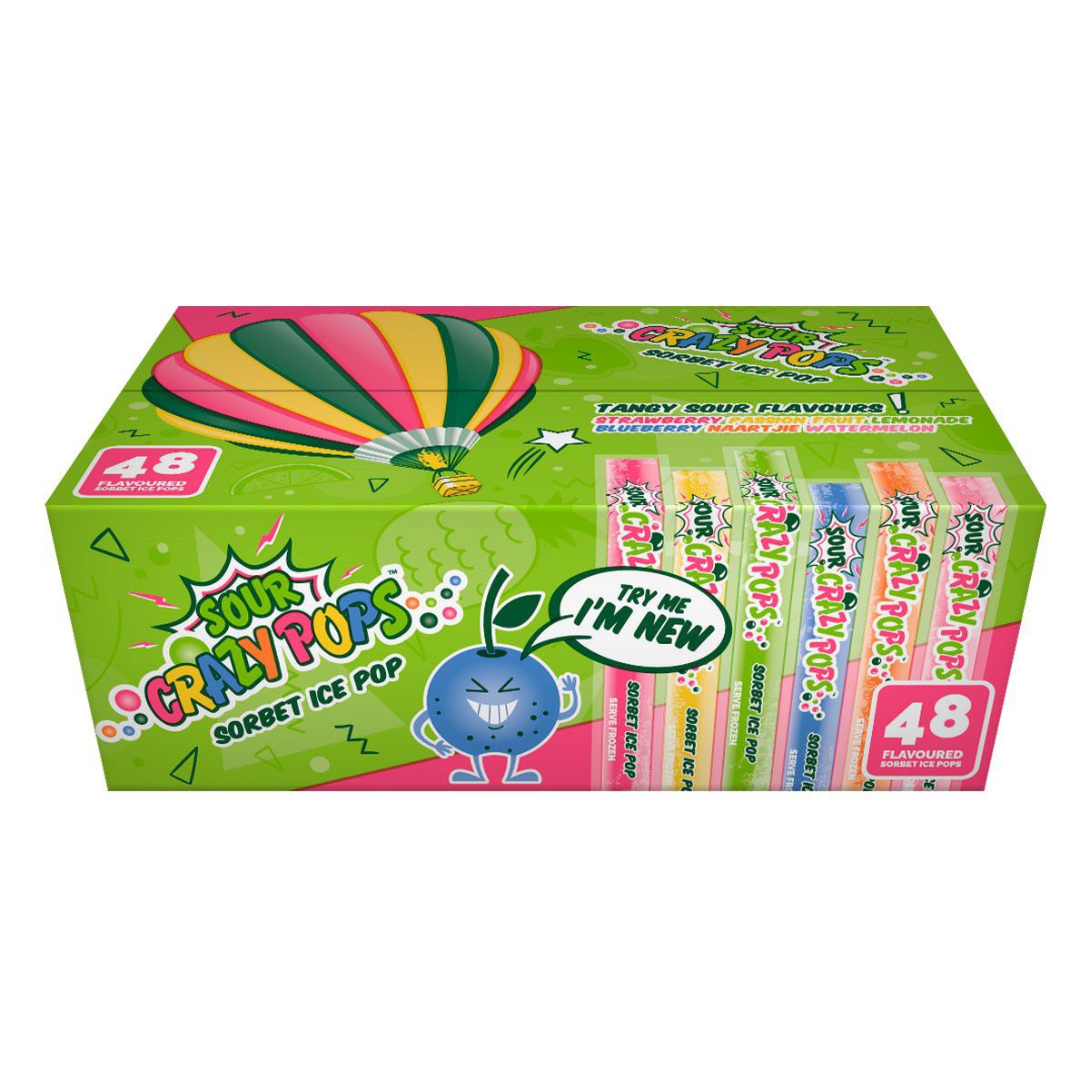 Sour Crazy Pops Assorted Freeze Ice Pops 48 x 40ml retail box front view