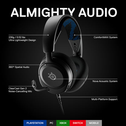 Close-up of fully retractable ClearCast Gen 2 noise-canceling mic on Arctis Nova 1P