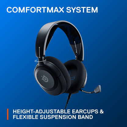 Side profile view of black SteelSeries Arctis Nova 1P headset showing earcups and headband