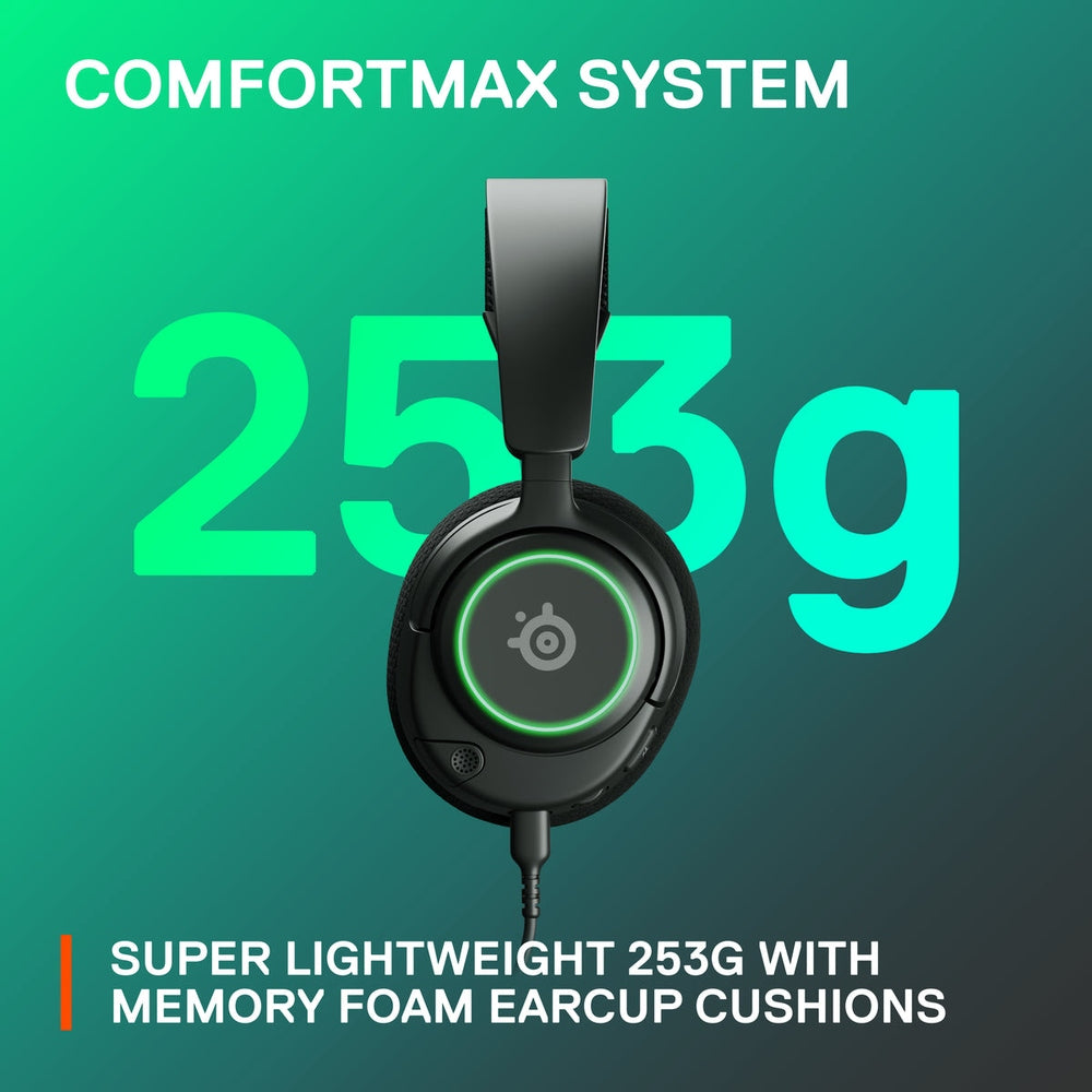Side view of black SteelSeries Arctis Nova 3 headset showing dual-zone PrismSync RGB lighting