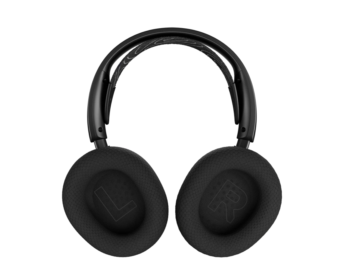 Detail view of volume dial mute switch and quick-switch wireless controls on Nova 5 black