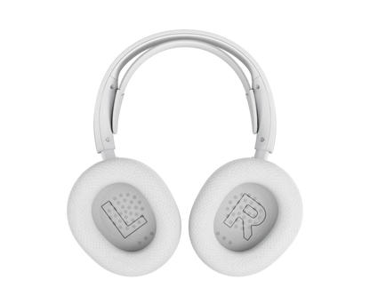 Detail view of volume dial mute switch and quick-switch wireless controls on Nova 5 white