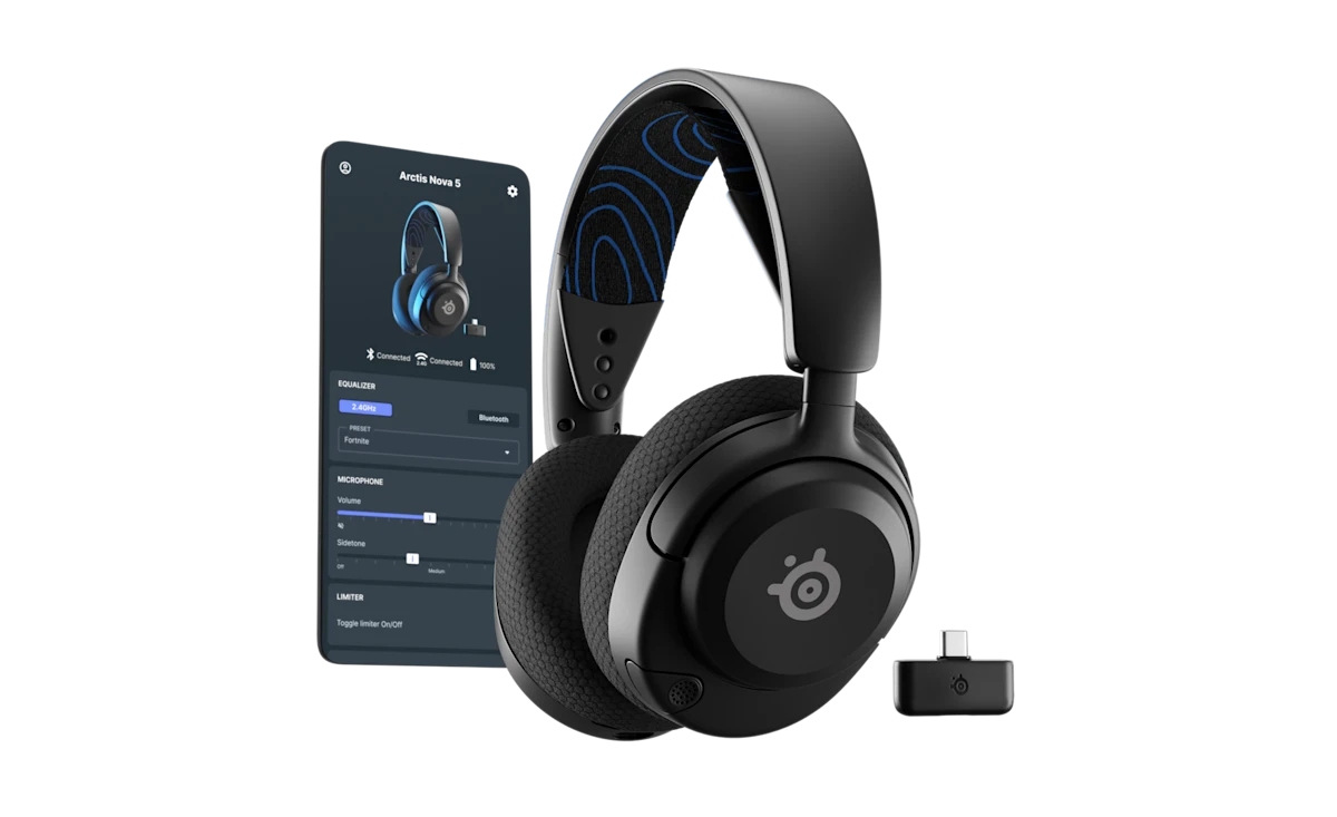 Side profile view of white SteelSeries Arctis Nova 5P headset showing headband