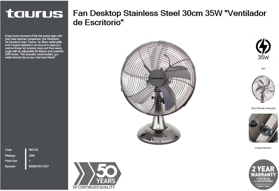 Close-up view of rear motor housing and 3 speed dial switch on Taurus metal desk fan