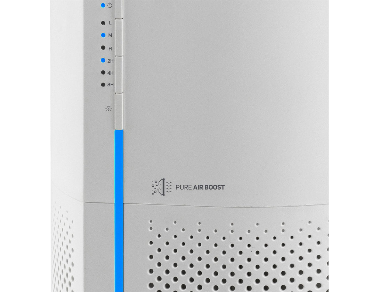 Taurus AP2030 air purifier with side blue LED ambient light glowing in low light