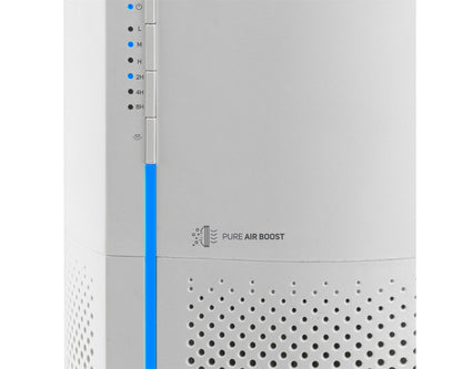 Taurus AP2030 air purifier with side blue LED ambient light glowing in low light