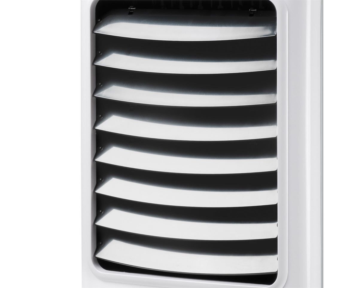 Front view showing adjustable directional slats and oscillating louver output on Taurus R850