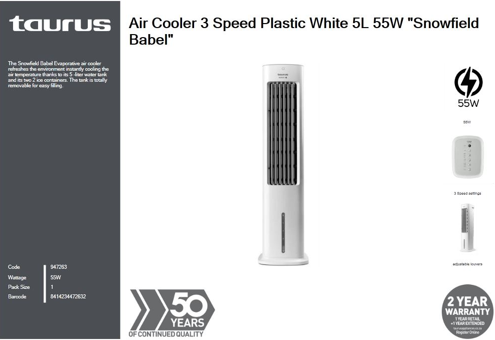Side 45 degree angle view of Taurus Snowfield Babel 85cm white tower air cooler
