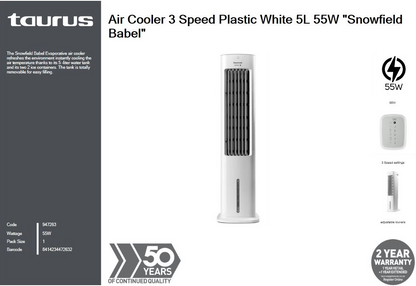 Side 45 degree angle view of Taurus Snowfield Babel 85cm white tower air cooler