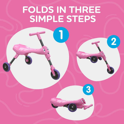 Toddler using a butterfly Scuttlebug ride-on bike for motor skill play