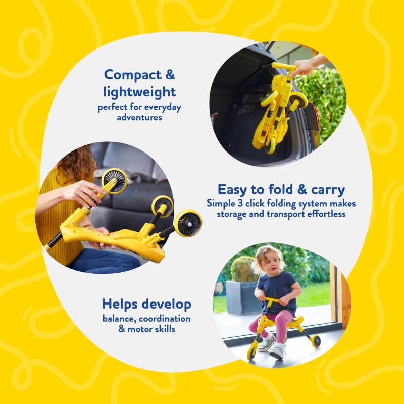 Toddler using a Scuttlebug Bumblebee bike for motor skill development