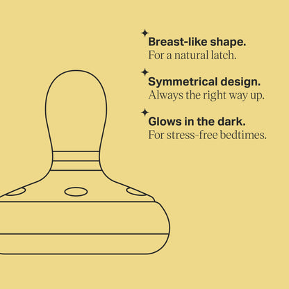 Infographic highlighting 12-hour glow breastlike flex and orthodontic teat features