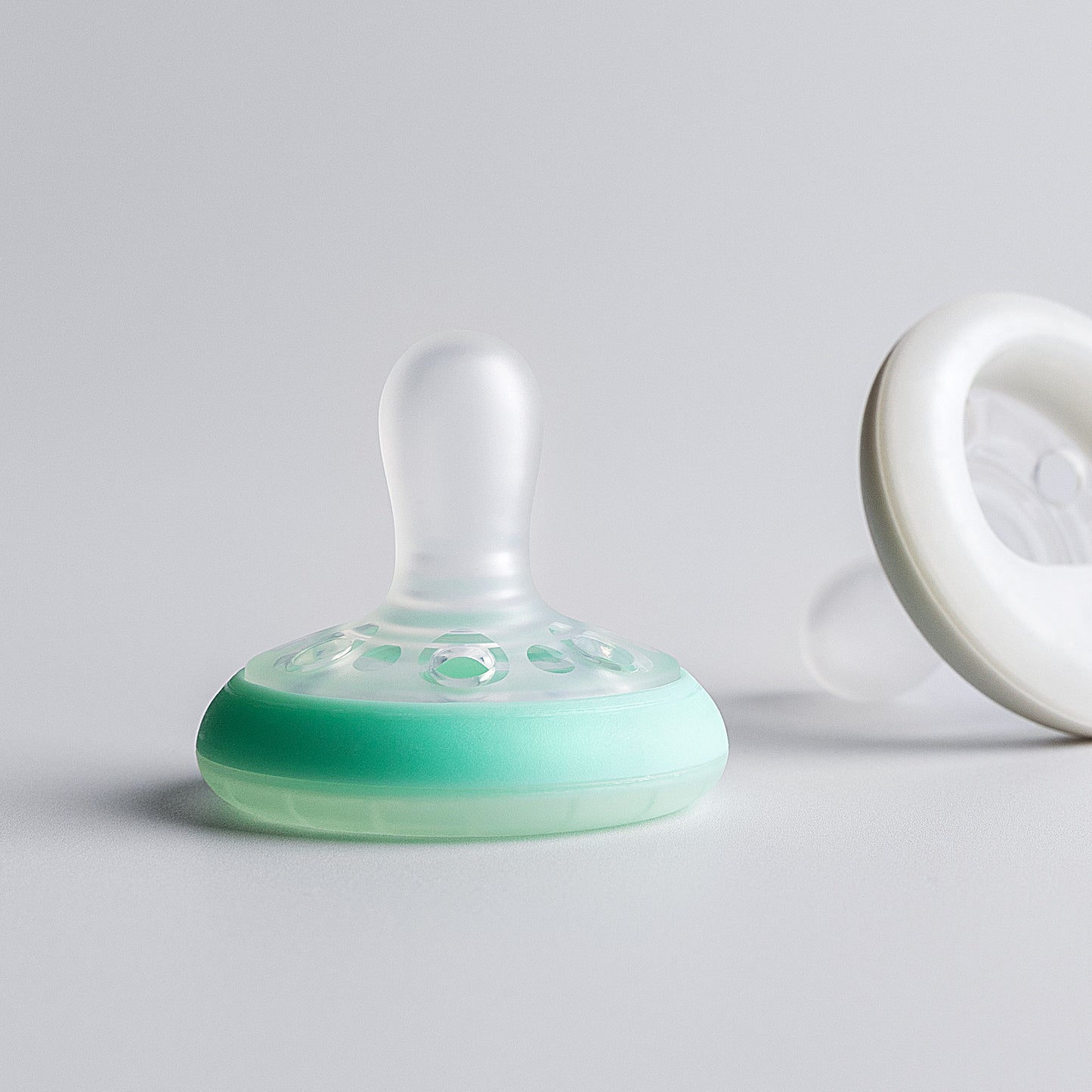 Close-up view of skin-like silicone teat on Tommee Tippee night soother 0 to 6 months