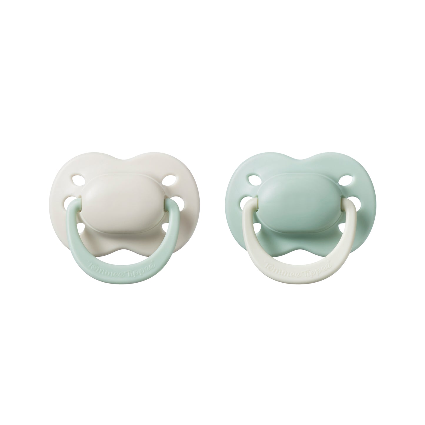 Pair of Tommee Tippee newborn boy pacifiers 0 to 2 months in soft blue shades