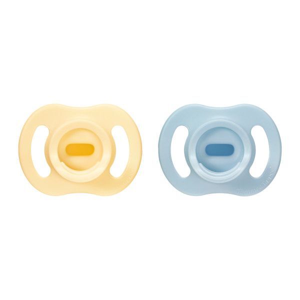 Close-up view of the symmetrical orthodontic vented silicone teat on Tommee Tippee dummy